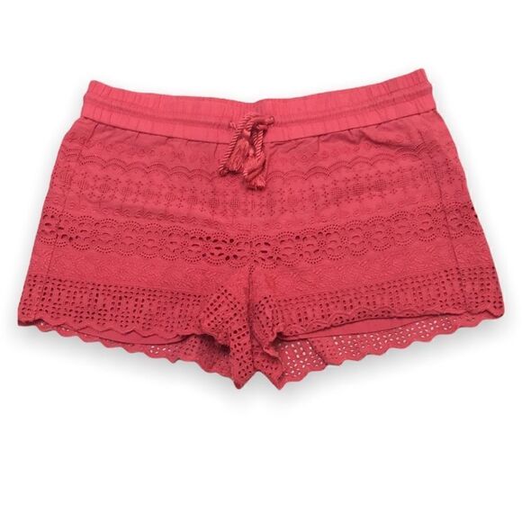 𝅺LOFT Dusty Pink Eyelet Lace Scalloped Elastic Drawstring Shorts Size Small - Picture 1 of 15